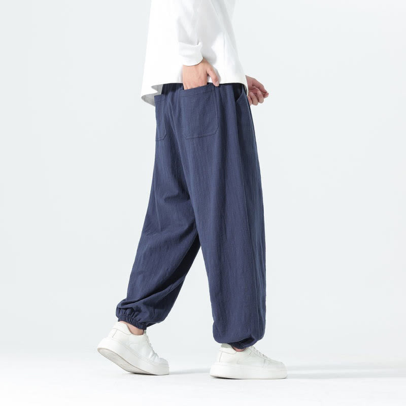 Buddha Stones Spring Summer Casual Minimalist Drawstring Solid Cotton Ankle Pants Men's Tapered Pants With Pockets - image 3
