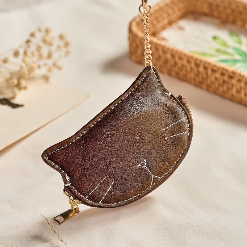 Buddha Stones Vintage Cat Shape Zipper Leather Charm Purse - image 1