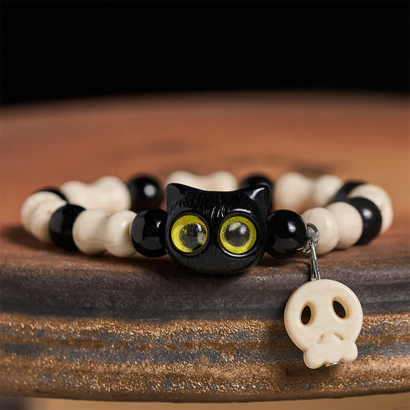 Buddha Stones Skull Black Cat Beaded Strength Bracelet - Yellow-Eyed Cat - image 8