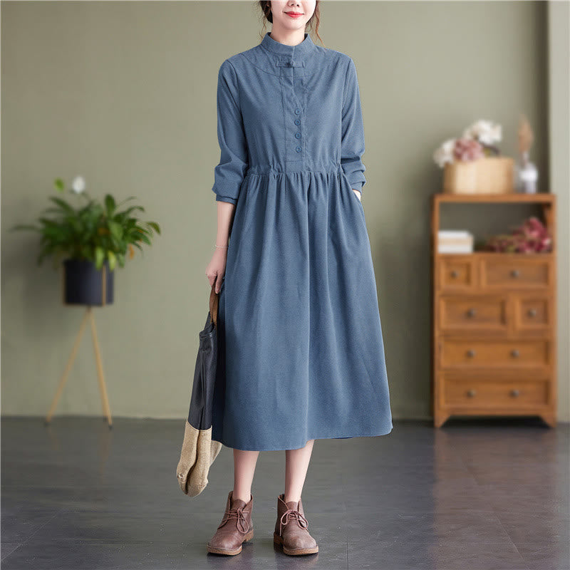 Buddha Stones Fall Winter Tang Style Vintage Mandarin Collar Solid Corduroy Women's Long Sleeve Dress With Pocket - CornflowerBlue - US8-10, UK/AU12-14, EU40-42 (2XL) - image 0