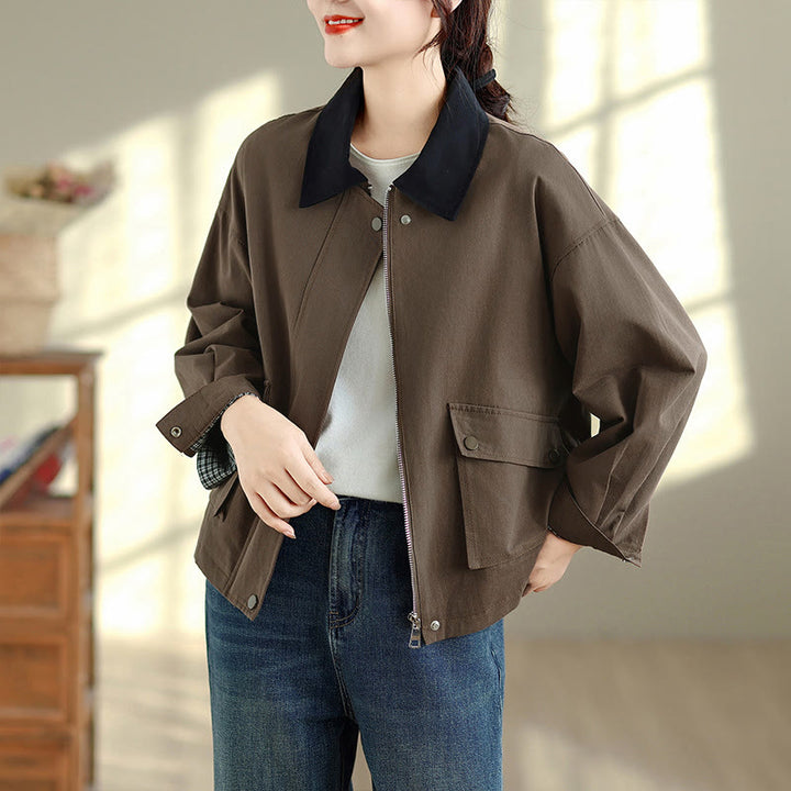 Buddha Stones Spring Fall Retro Minimalist Solid Women's Jacket With Pocket - image 2