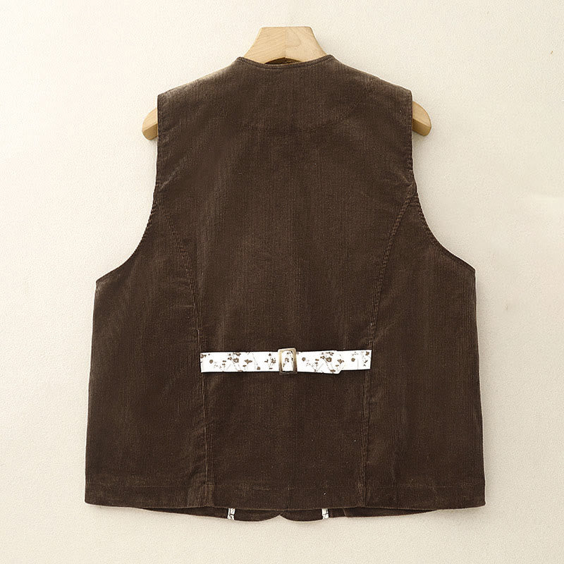 Buddha Stones Fall Winter Vintage Casual V-Neck Button-Up Solid Corduroy Tank Top Women's Vests With Pocket - image 1