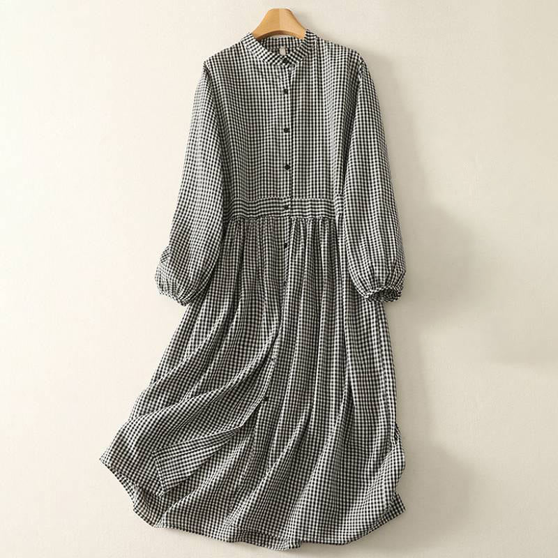 Buddha Stones Spring Fall Casual Mandarin Collar Plaid Women's Long Sleeve Dress With Pocket - Black - US8-10, UK/AU12-14, EU40-42 (2XL) - image 0