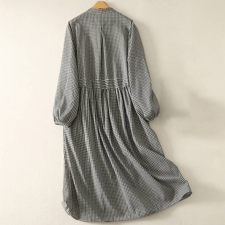 Buddha Stones Spring Fall Casual Mandarin Collar Plaid Women's Long Sleeve Dress With Pocket - image 1