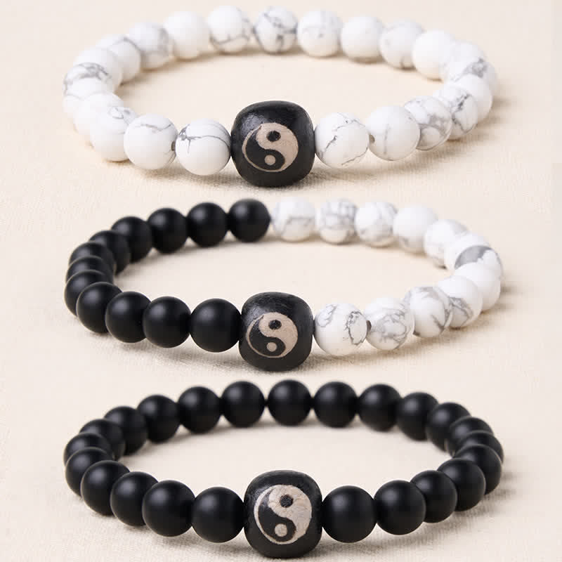 Buddha Stones Black Onyx White Turquoise Yin Yang Balance Round Bead Bracelet - image 20