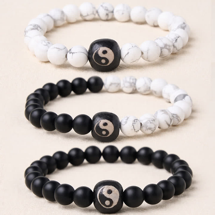 Buddha Stones Black Onyx White Turquoise Yin Yang Balance Round Bead Bracelet - image 20