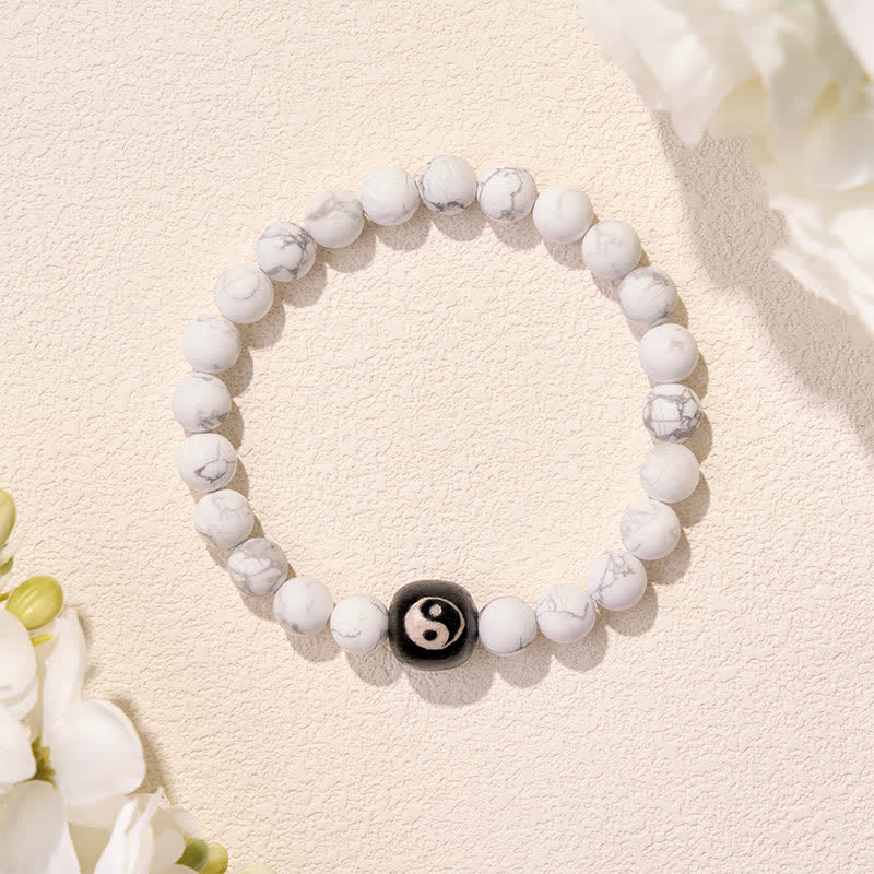 Buddha Stones Black Onyx White Turquoise Yin Yang Balance Round Bead Bracelet - image 14