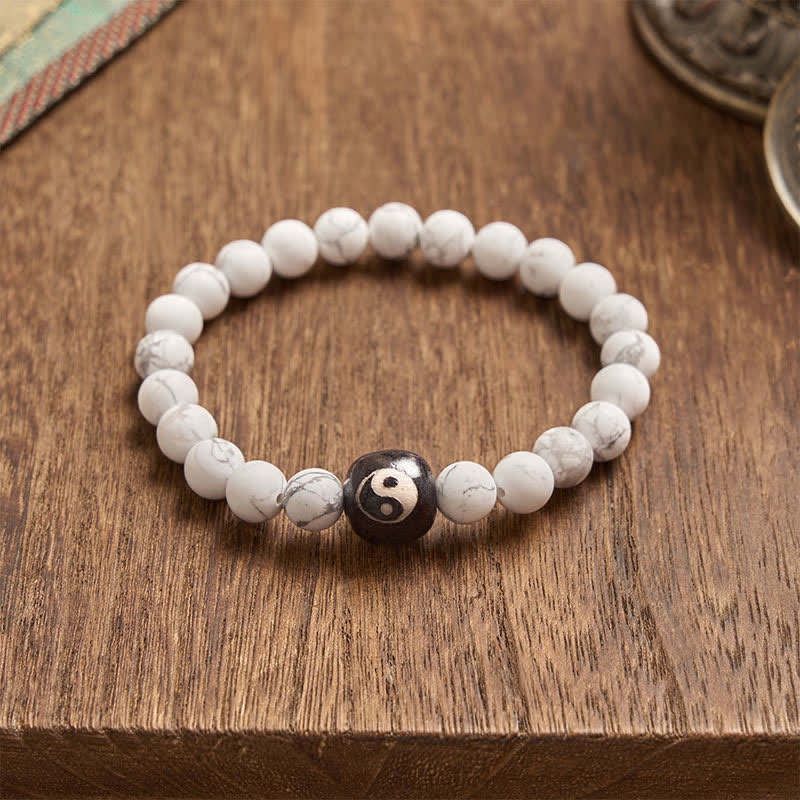 Buddha Stones Black Onyx White Turquoise Yin Yang Balance Round Bead Bracelet - image 13
