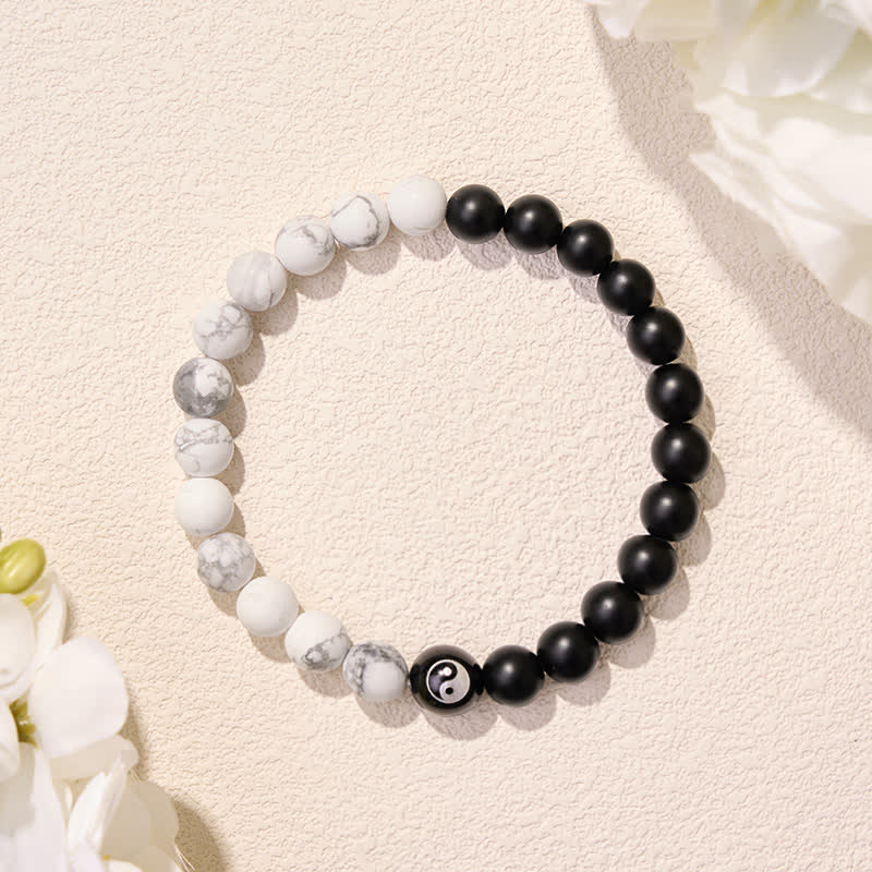 Buddha Stones Black Onyx White Turquoise Yin Yang Black Obsidian Round Bead Balance Bracelet - image 22
