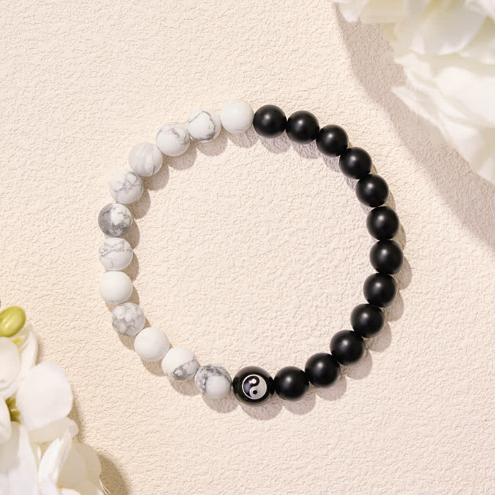 Buddha Stones Black Onyx White Turquoise Yin Yang Black Obsidian Round Bead Balance Bracelet - image 22