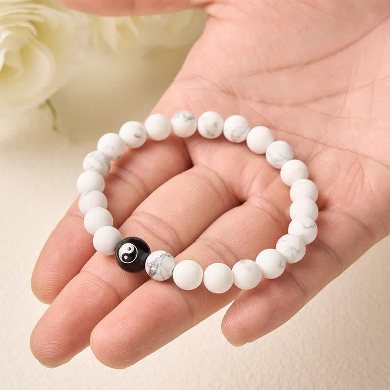 Buddha Stones Black Onyx White Turquoise Yin Yang Black Obsidian Round Bead Balance Bracelet - image 15