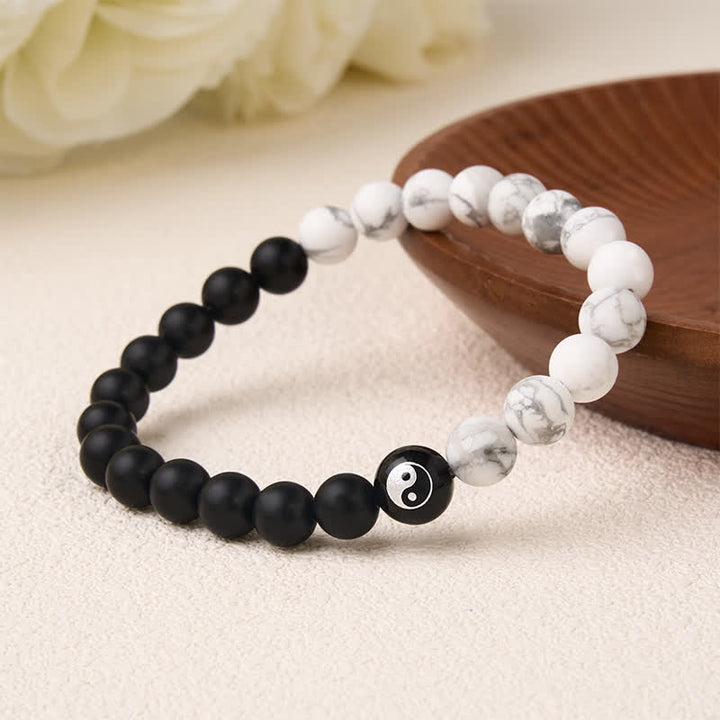 Buddha Stones Black Onyx White Turquoise Yin Yang Black Obsidian Round Bead Balance Bracelet - image 19