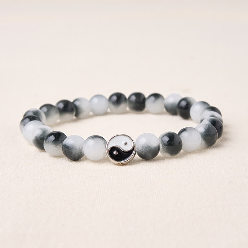 Buddha Stones Alloy Flat Bead and Glass Yin Yang Two-Tone Balance Bracelet - Yin Yang (Wrist Circumference: 5.9–6.3 in/15–16 cm) - image 0