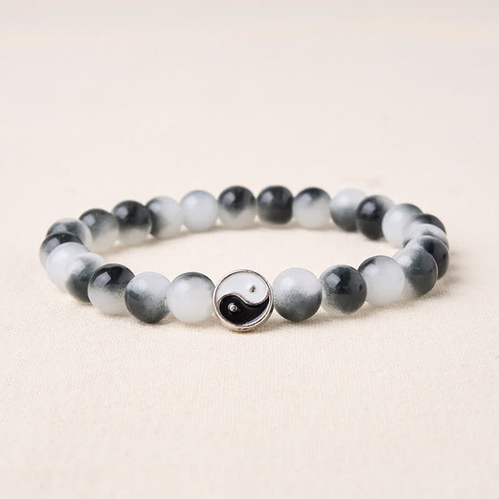Buddha Stones Alloy Flat Bead and Glass Yin Yang Two-Tone Balance Bracelet - Yin Yang (Wrist Circumference: 5.9–6.3 in/15–16 cm) - image 0
