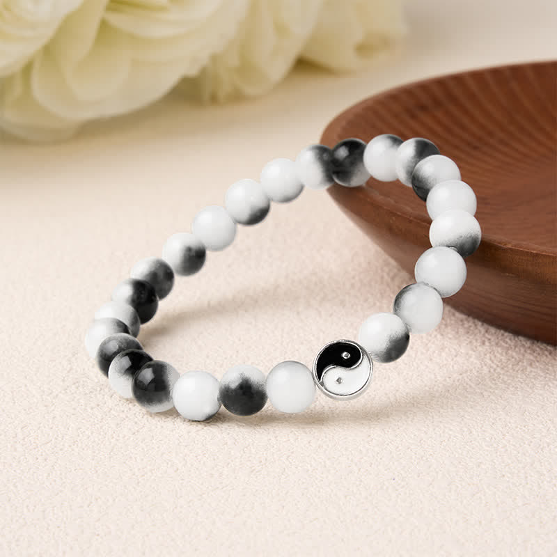 Buddha Stones Alloy Flat Bead and Glass Yin Yang Two-Tone Balance Bracelet - image 2