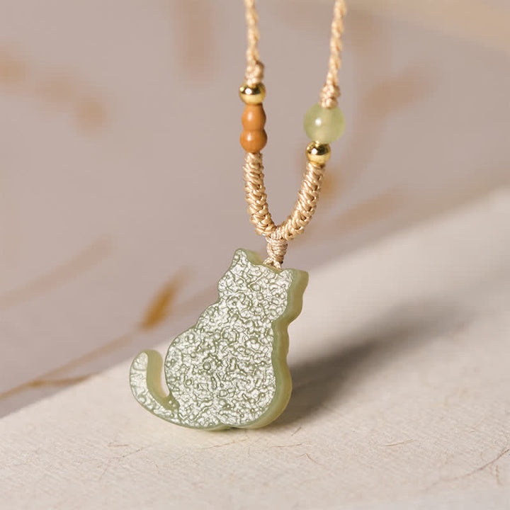 Buddha Stones Jade Cat Braided Cord Pendant Abundance Necklace - image 3