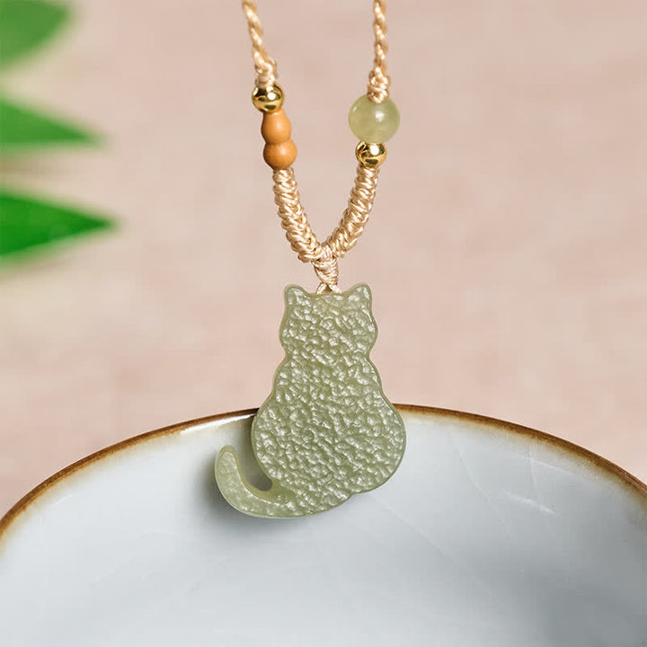 Buddha Stones Jade Cat Braided Cord Pendant Abundance Necklace - Natural Jade(Color May Vary) - image 0