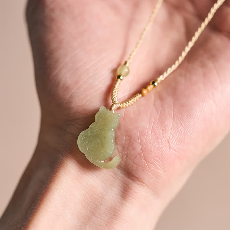 Buddha Stones Jade Cat Braided Cord Pendant Abundance Necklace - image 5