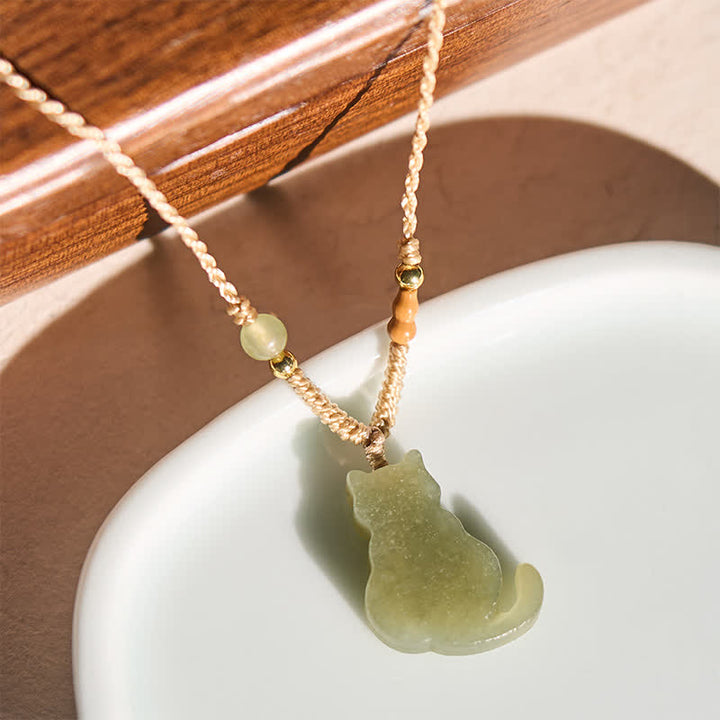Buddha Stones Jade Cat Braided Cord Pendant Abundance Necklace - image 1