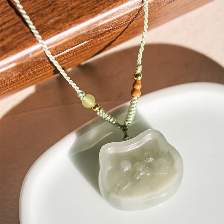 Buddha Stones Natural Jade Cat Harmony Hand-Woven Necklace - image 1