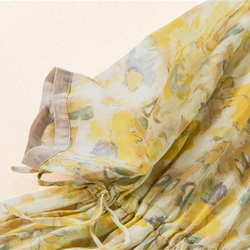 Buddha Stones Half Sleeve Color Contrast Floral Pattern Midi Dress With Pockets - image 16