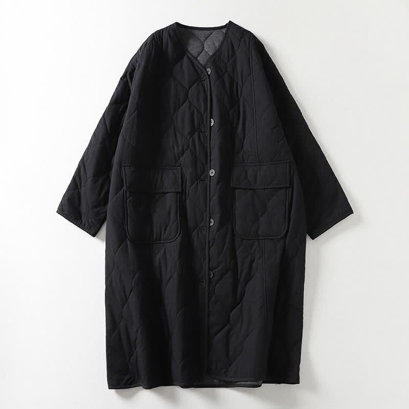 Buddha Stones Plain Buttons V-Neck Long Sleeve Women's Cotton Coat With Pockets - Black - US14，UK/AU18，EU46 (2XL) - image 5