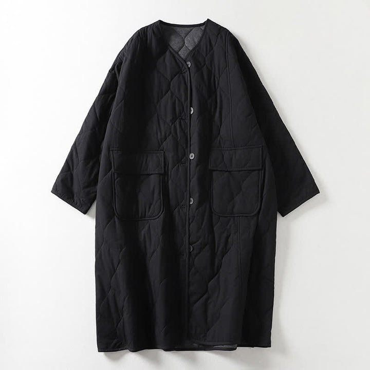 Buddha Stones Plain Buttons V-Neck Long Sleeve Women's Cotton Coat With Pockets - Black - US14，UK/AU18，EU46 (2XL) - image 5