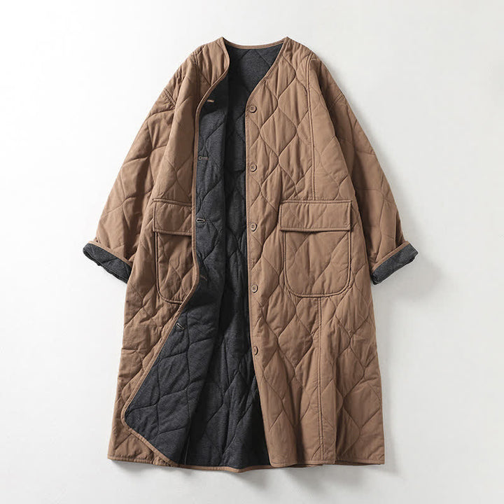 Buddha Stones Plain Buttons V-Neck Long Sleeve Women's Cotton Coat With Pockets - Tan - US14，UK/AU18，EU46 (2XL) - image 0