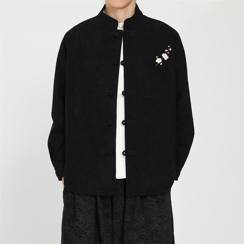 Buddha Stones Fall Winter Tang Style Vintage Frog Button Embroidery Floral Corduroy Men's Jacket With Patch Pocket - Black - US/UK/AU46，EU56 (5XL) - image 0
