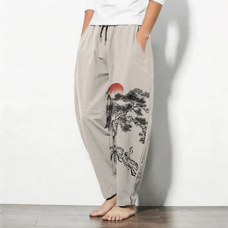 Buddha Stones Pure Cotton Ink Pine Tree Red Sun Pattern Drawstring Men's Tapered Pants With Pockets - image 1