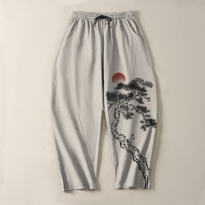 Buddha Stones Pure Cotton Ink Pine Tree Red Sun Pattern Drawstring Men's Tapered Pants With Pockets - image 2