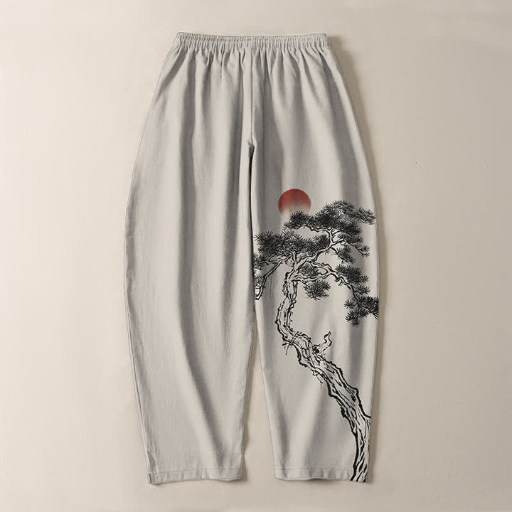 Buddha Stones Pure Cotton Ink Pine Tree Red Sun Pattern Drawstring Men's Tapered Pants With Pockets - image 3