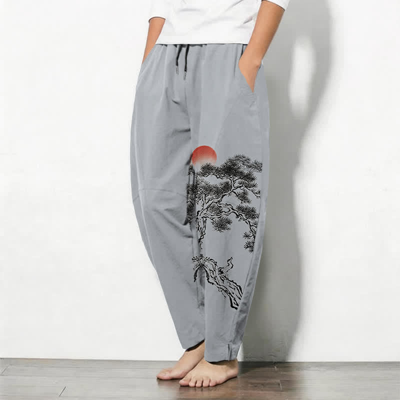 Buddha Stones Pure Cotton Ink Pine Tree Red Sun Pattern Drawstring Men's Tapered Pants With Pockets - image 8