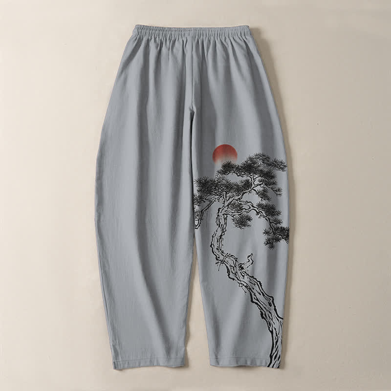Buddha Stones Pure Cotton Ink Pine Tree Red Sun Pattern Drawstring Men's Tapered Pants With Pockets - image 10