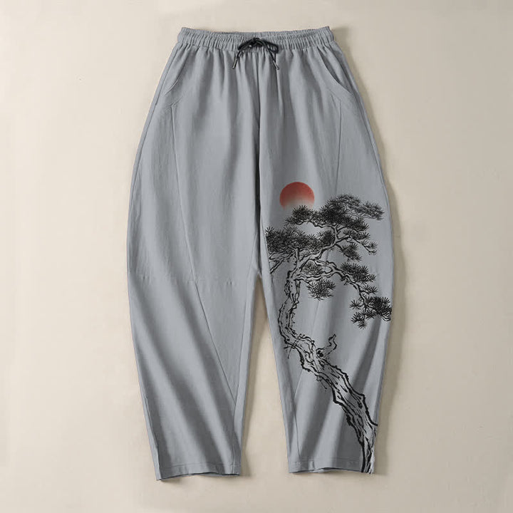 Buddha Stones Pure Cotton Ink Pine Tree Red Sun Pattern Drawstring Men's Tapered Pants With Pockets - image 9