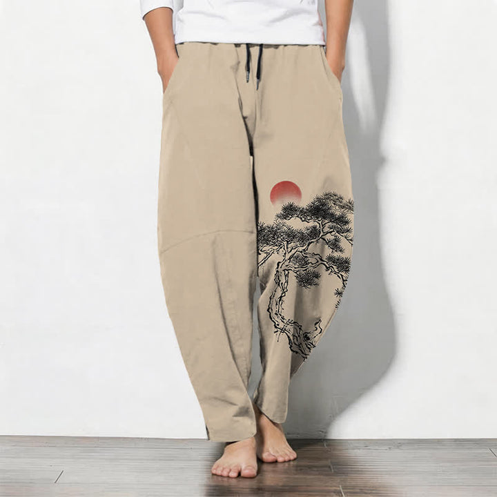 Buddha Stones Pure Cotton Ink Pine Tree Red Sun Pattern Drawstring Men's Tapered Pants With Pockets - Tan - US/UK/AU50，EU60 (5XL) - image 11