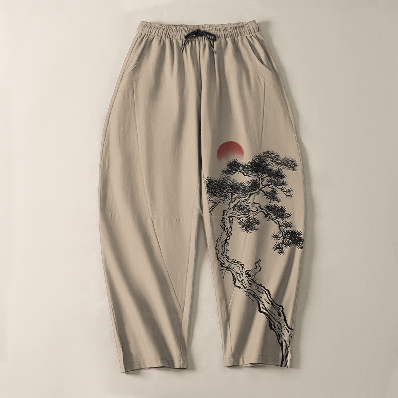 Buddha Stones Pure Cotton Ink Pine Tree Red Sun Pattern Drawstring Men's Tapered Pants With Pockets - image 13