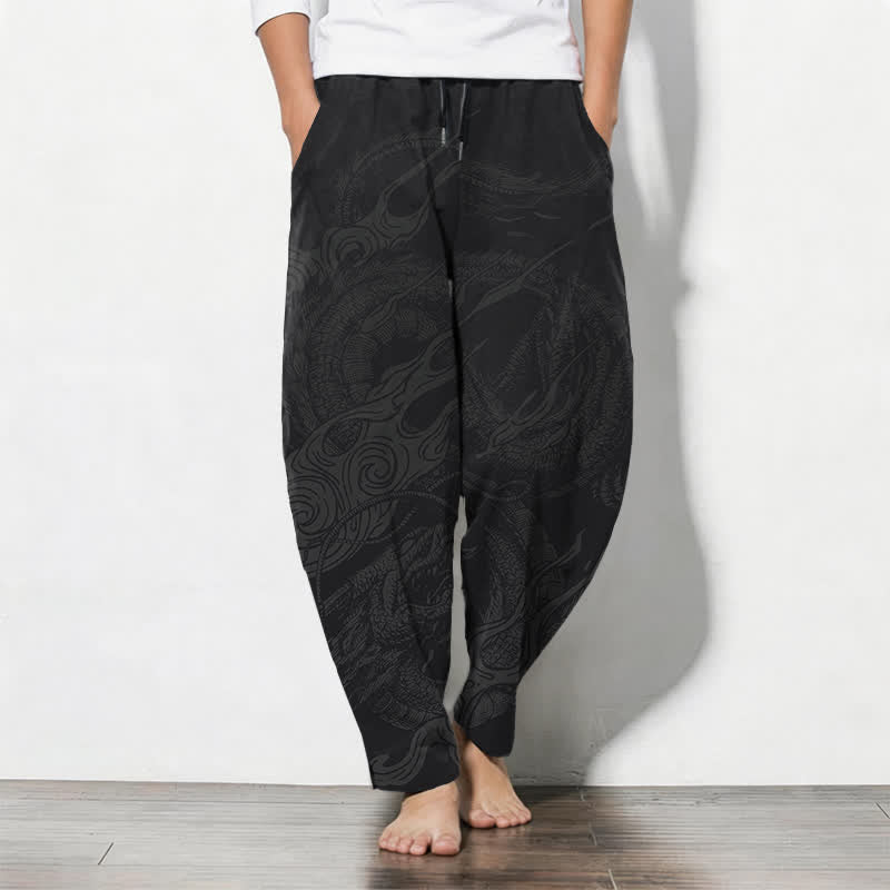 Buddha Stones Pure Cotton Mystic Dragon Wave Pattern Drawstring Men's Tapered Pants With Pockets - Black - US/UK/AU50，EU60 (5XL) - image 0