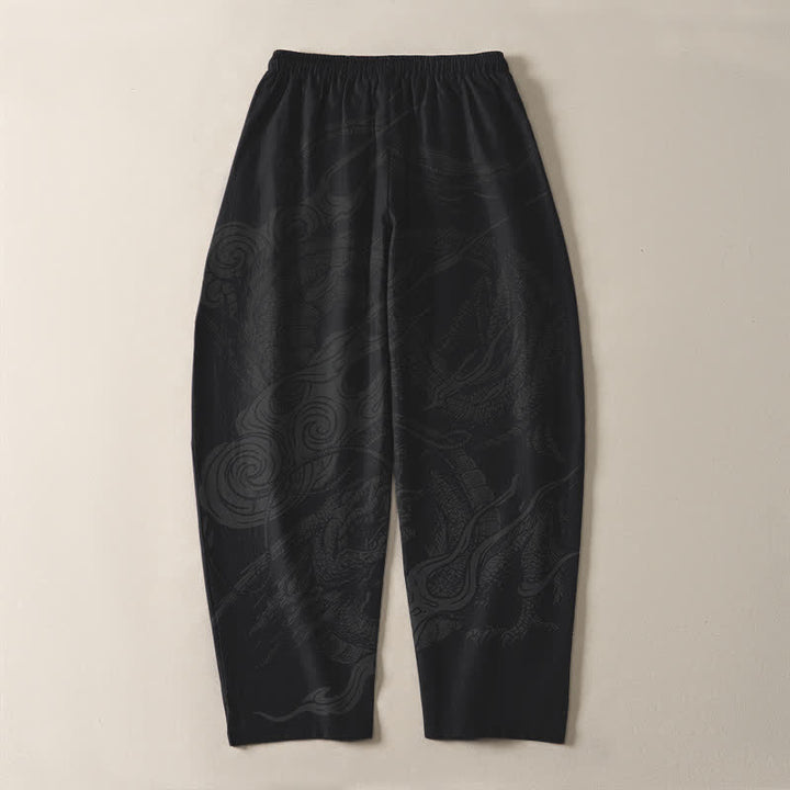 Buddha Stones Pure Cotton Mystic Dragon Wave Pattern Drawstring Men's Tapered Pants With Pockets - image 3