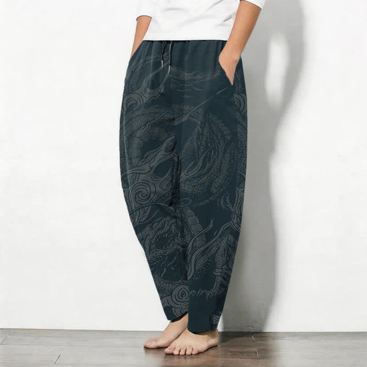 Buddha Stones Pure Cotton Mystic Dragon Wave Pattern Drawstring Men's Tapered Pants With Pockets - image 8