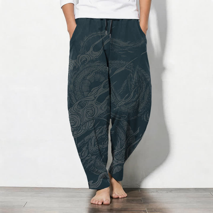 Buddha Stones Pure Cotton Mystic Dragon Wave Pattern Drawstring Men's Tapered Pants With Pockets - DarkSlateGray - US/UK/AU50，EU60 (5XL) - image 7