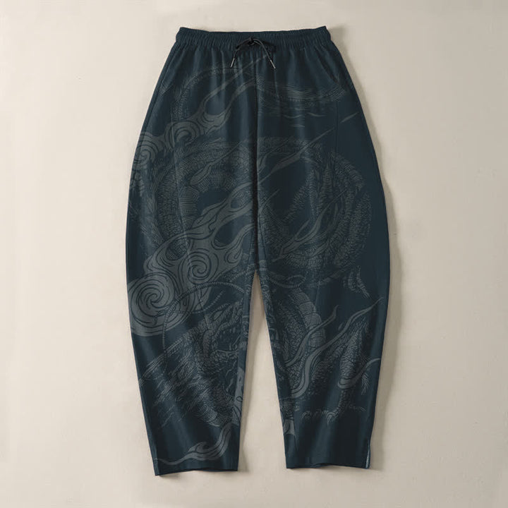 Buddha Stones Pure Cotton Mystic Dragon Wave Pattern Drawstring Men's Tapered Pants With Pockets - image 9