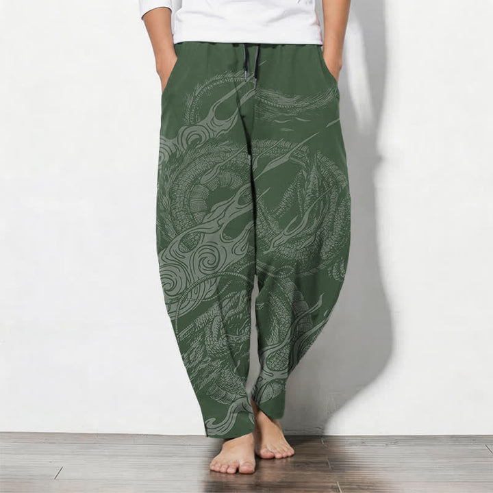 Buddha Stones Pure Cotton Mystic Dragon Wave Pattern Drawstring Men's Tapered Pants With Pockets - SeaGreen - US/UK/AU50，EU60 (5XL) - image 11