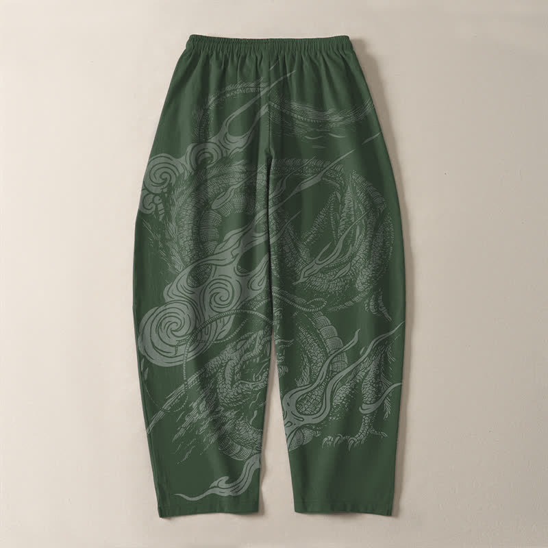 Buddha Stones Pure Cotton Mystic Dragon Wave Pattern Drawstring Men's Tapered Pants With Pockets - image 14