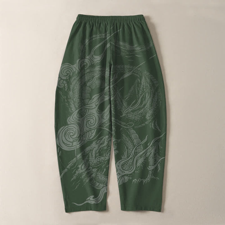 Buddha Stones Pure Cotton Mystic Dragon Wave Pattern Drawstring Men's Tapered Pants With Pockets - image 14