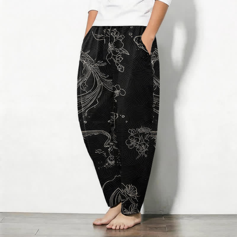 Buddha Stones Pure Cotton Koi Floral Wave Pattern Drawstring Men's Tapered Pants With Pockets - image 1
