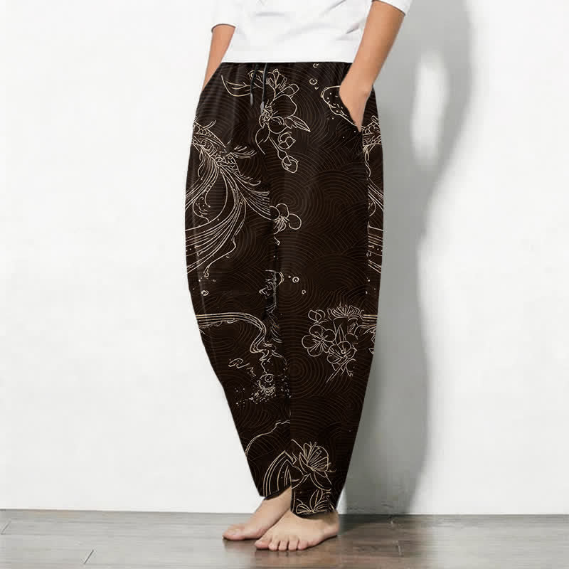 Buddha Stones Pure Cotton Koi Floral Wave Pattern Drawstring Men's Tapered Pants With Pockets - image 8
