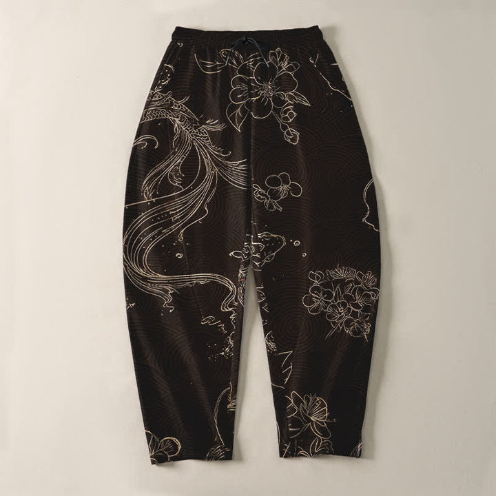 Buddha Stones Pure Cotton Koi Floral Wave Pattern Drawstring Men's Tapered Pants With Pockets - image 9