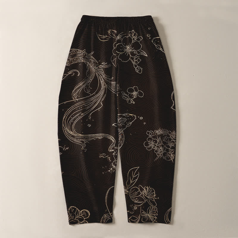 Buddha Stones Pure Cotton Koi Floral Wave Pattern Drawstring Men's Tapered Pants With Pockets - image 10