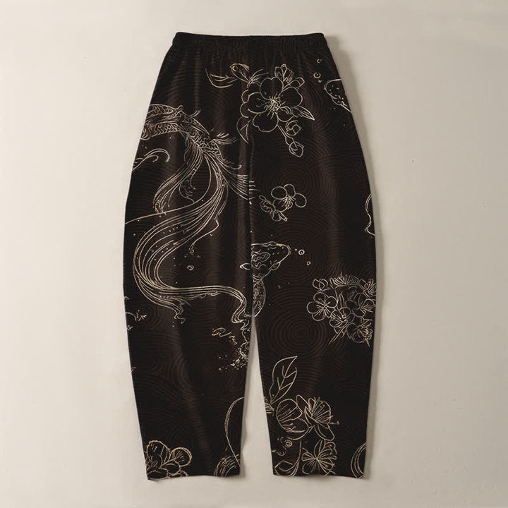 Buddha Stones Pure Cotton Koi Floral Wave Pattern Drawstring Men's Tapered Pants With Pockets - image 10